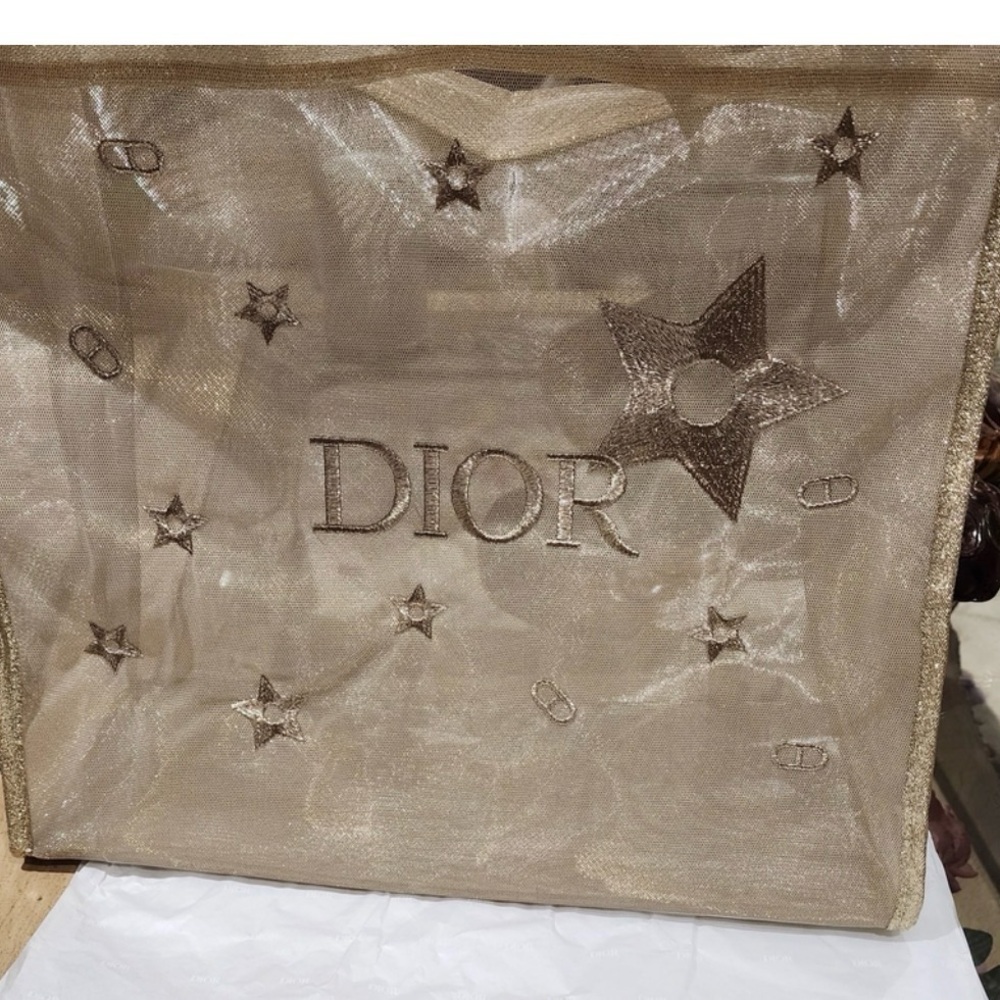 Christian Dior Beauty Mesh Embroidered Gold Star Large Tote NWT - Picture 4 of 9
